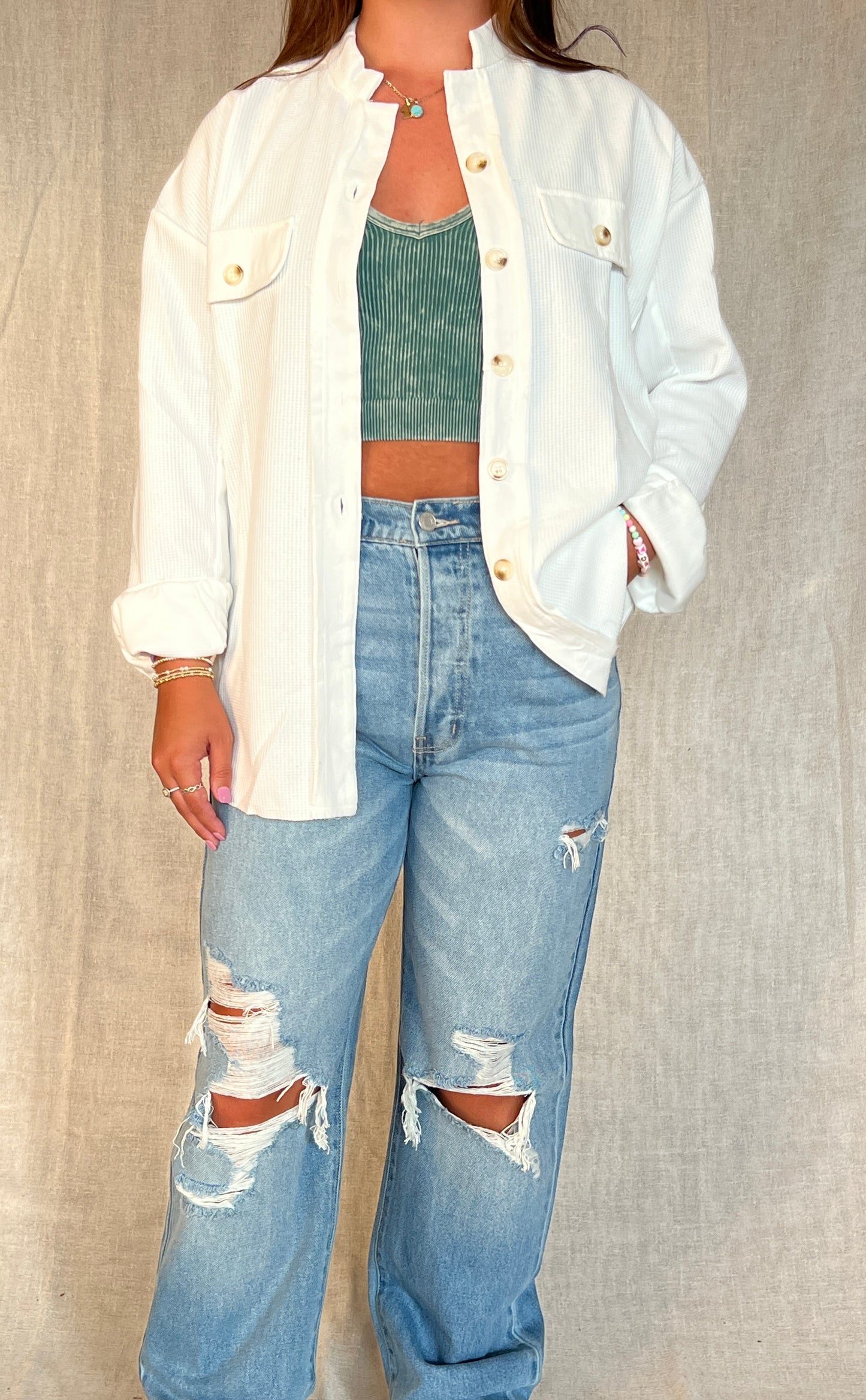 WAFFLE KNIT BUTTON DOWN