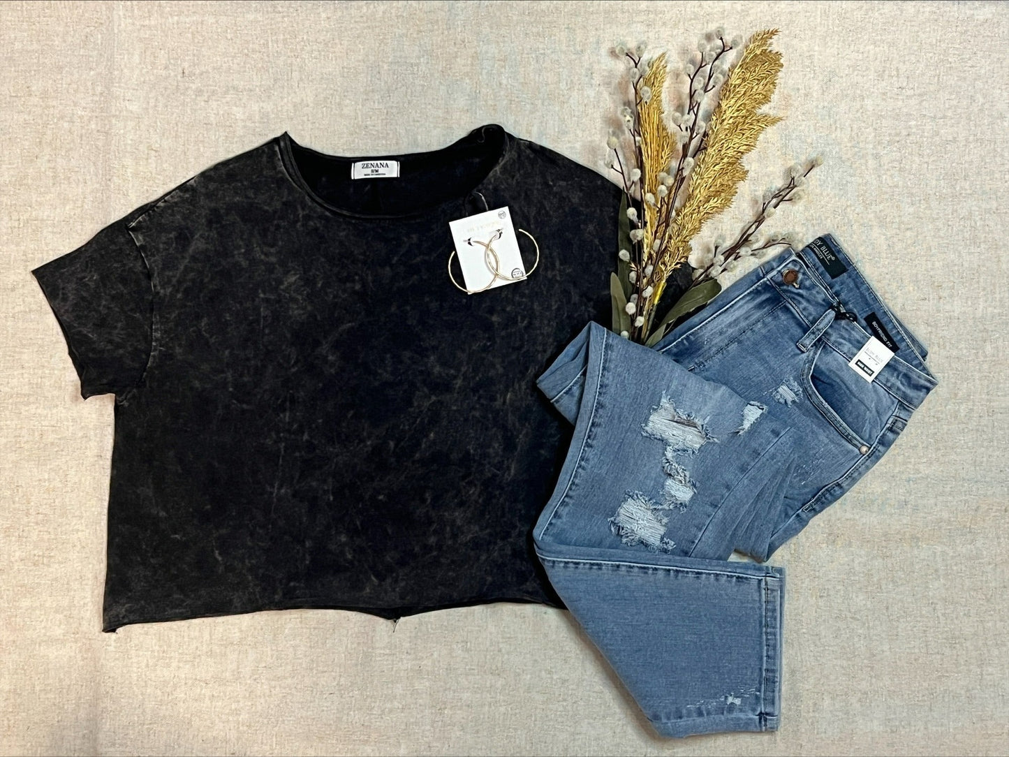 ACID WASH RAW EDGE SHORT SLEEVE CROP TOP